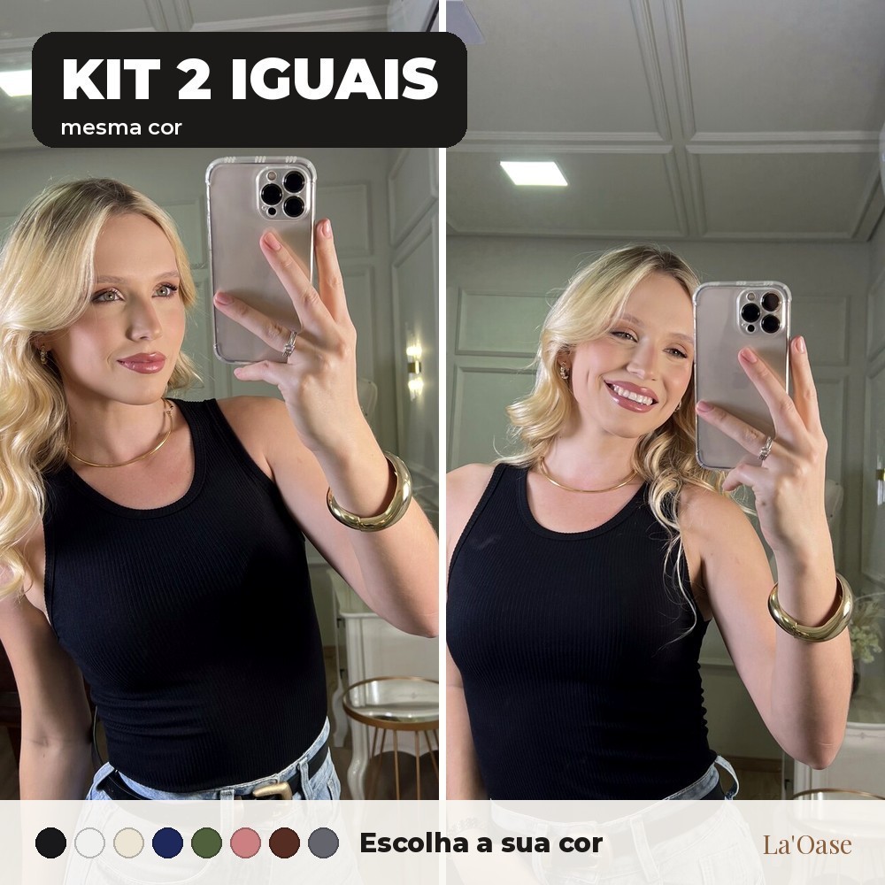 Kit 2 Regatas Canelada Feminina Mesma Cor Básica Lisa Blusinha Elastano