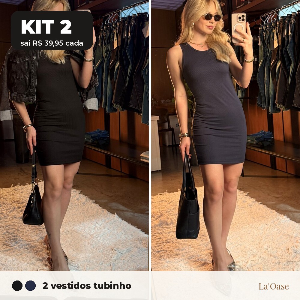 Kit 2 Vestidos Canelados Curto Tubinho Regata Feminino Básico Elastano