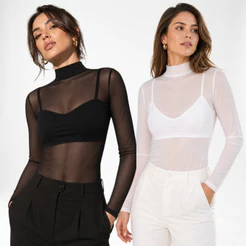 Kit 2 Blusa Tule Feminina Gola Alta Manga Longa Transparente Segunda Pele