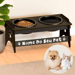 Comedouro PERSONALIZADO Com Nome Para Pets Pequenos De Madeira Com 2 Potes De Plástico