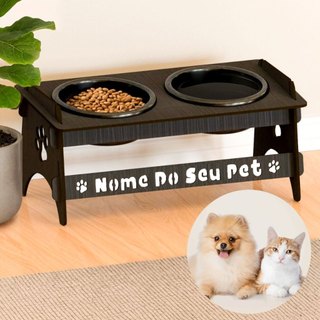 Comedouro PERSONALIZADO Com Nome Para Pets Pequenos De Madeira Com 2 Potes De Plástico