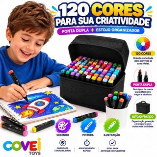 Kit 120 Canetas Coloridas Ponta Dupla Marcadores Artísticos com Estojo para Desenho Pintu…