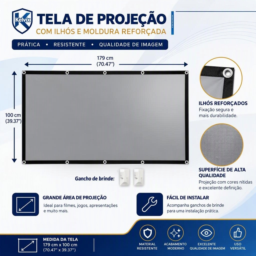 Kelvix Tela de Projeção 84" 16:9 Anti-Reflexo Nanocristal Cinza, Com ou Sem Borda Preta, Compatível 4K e 3D
