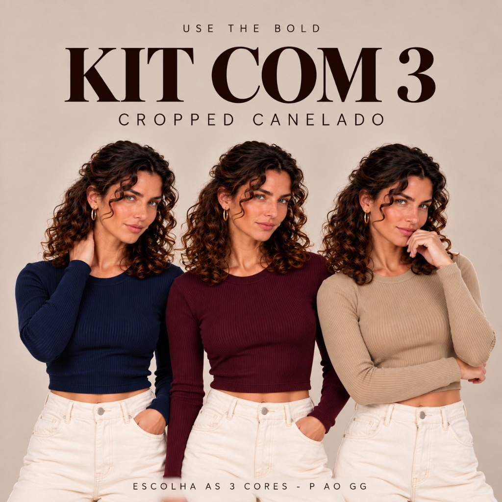 Kit 3 Blusas Cropped Canelada Feminina Manga Longa P ao GG Blusinha Justinha Gola Redonda Malha Premium Outono Inverno