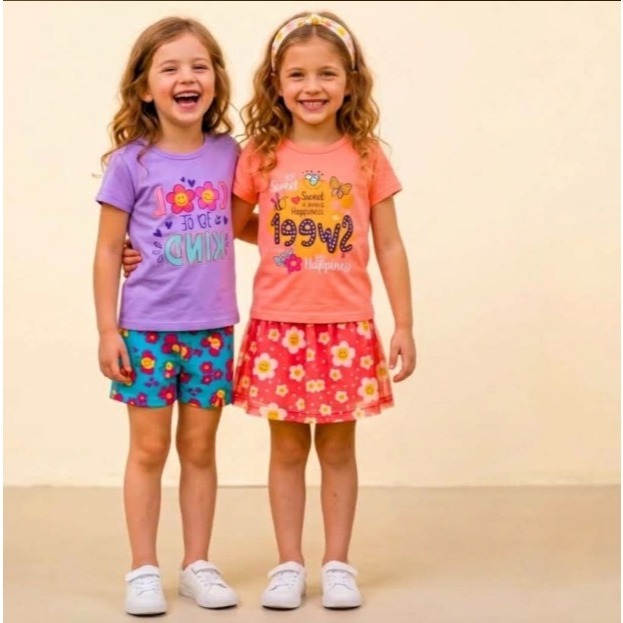 Kit 2 Conjuntos Infantil Menina Roupa Verão 2 Blusas + 2 Shorts Algodão Estampado Ciclista Short Saia Juvenil 1 ao 16