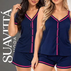 Pijama Feminino Conjunto Blogueira Americano Baby Doll Botões Aberto Gestante Cirúrgico Confortável Malha Leve Verão