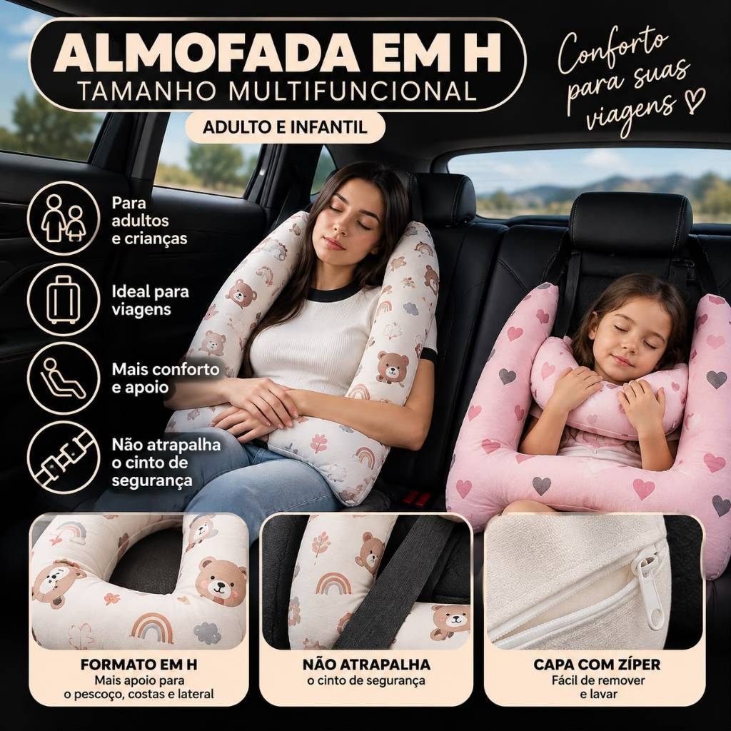 Imagem Almofada Em Forma H Adulto E Infantil Com Apoio Para Pescoço De Dormir Para Viagens Descanso