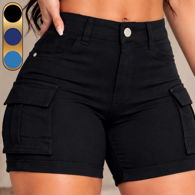 Short Jeans Feminino Cargo Cintura Alta com Lycra