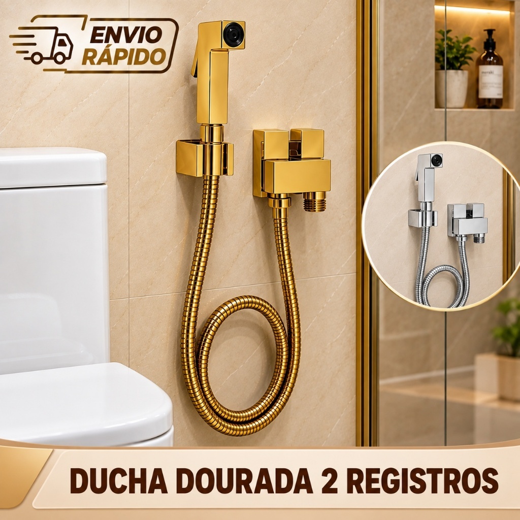 Ducha Higiênica Registro 2 Saídas Metal Quadrada Dourado Cromada Completa Banheiro Luxo Brilhante