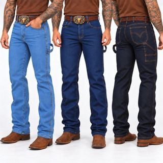 Kit 3 Calças Jeans Country Masculina Carpinteira Reforçada Trabalho Cowboy Corte Reto