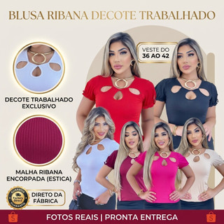 Blusa Feminina Ribana Decote Trabalhado Manga Princesa Veste 36 ao 42