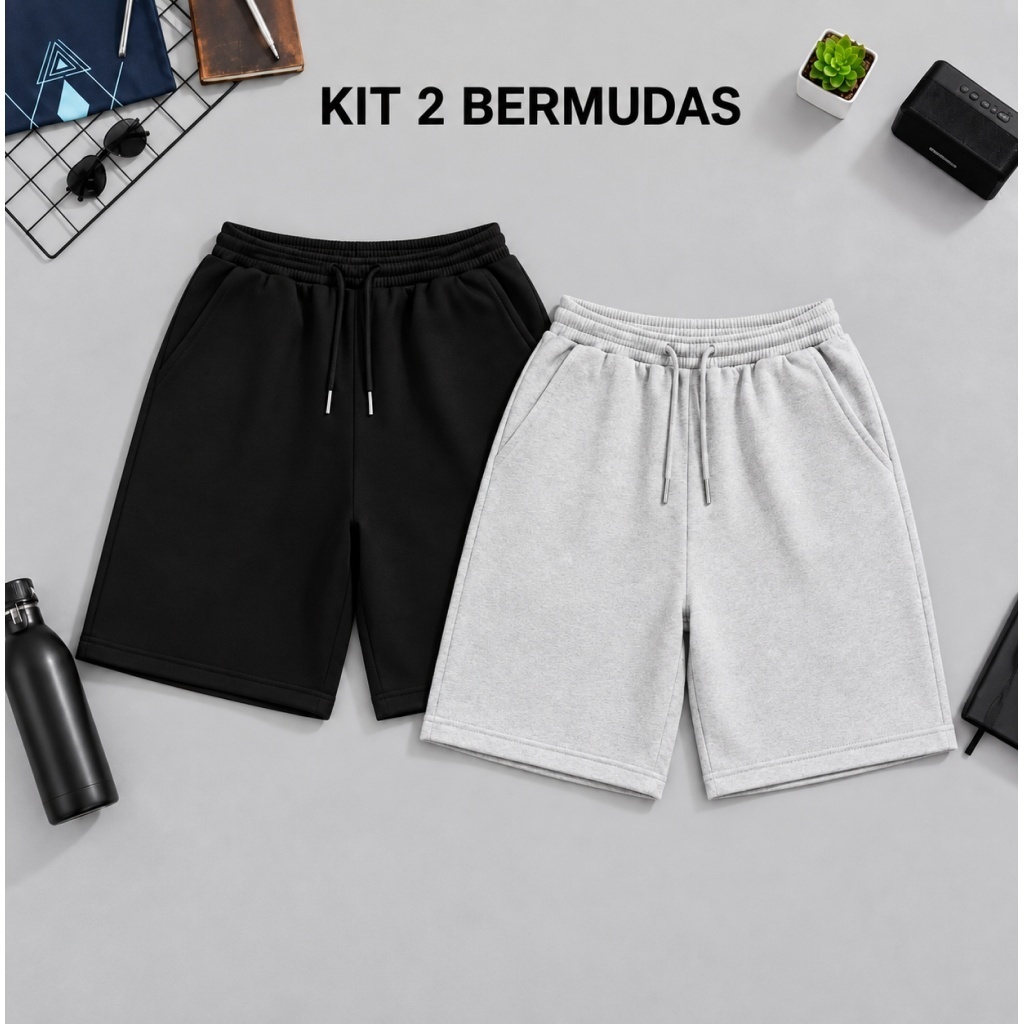 Kit 2 Bermuda Moletom Masculina Shorts Academia Praia Casual com Bolso cordão do P ao GG