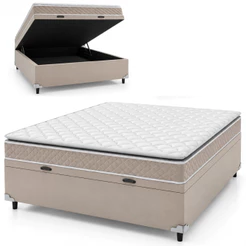 Cama Box Baú Casal Colchão D45 com Pillow Top Hellen Strong Bege 138x188x65cm Suporta até 150kg
