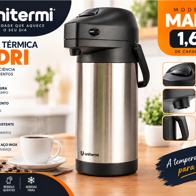 Garrafa Térmica Madri 2,5L Inox Unitermi Café/Chá