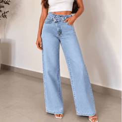 Calça Jeans Feminino Wide Leg Premium Cós Deslocado Elegante
