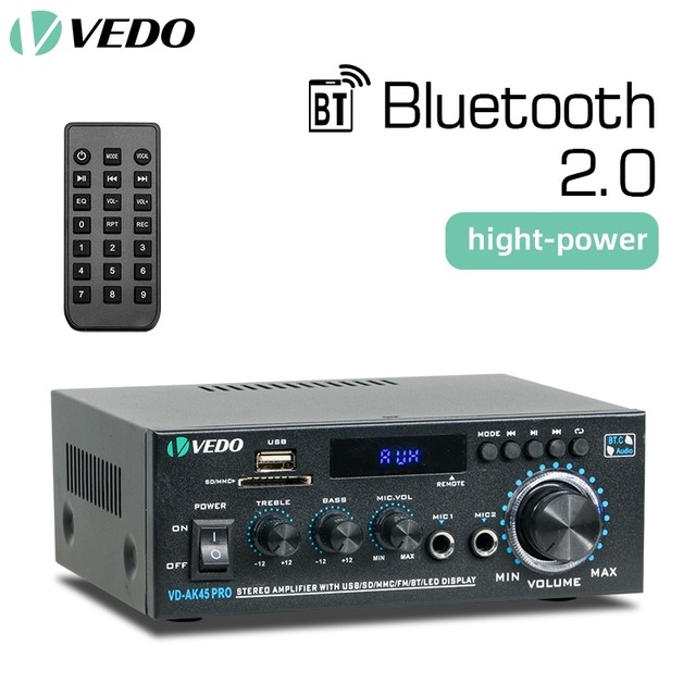 VEDO AK45pro Amplificador De Receptor 400W*2 Bluetooth Com Remoto FM e karaokê 2 Canais Amplificador De Potência Bivolt