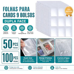 Kit 50/100 Folhas Fichário Cards A4 9 Bolsos Dupla Face Pokémon Magic Yugioh Kpop Photocard Álbum Colecionador