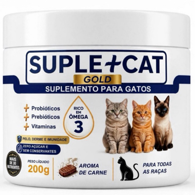 Suplemento Gatos Probióticos Ômega 3 Pele Derme Pelagem Queda de Pelos Coceira Alergia Suplemais Cat