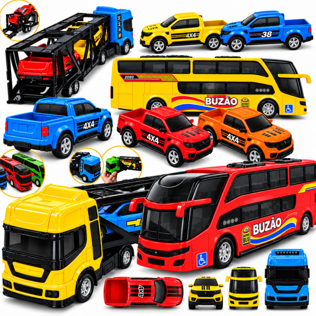 Kit Carrinho Brinquedo Caminhão Cegonha Completo Ônibus Miniatura Presente Menino