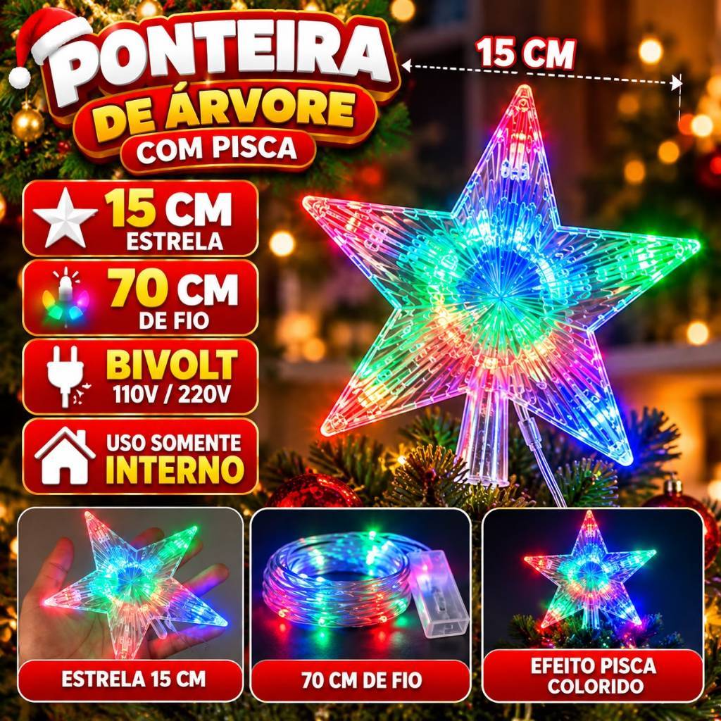 Pisca Estrela Ponteira Árvore de Natal Led Colorido 110v Decoração Topo Grande