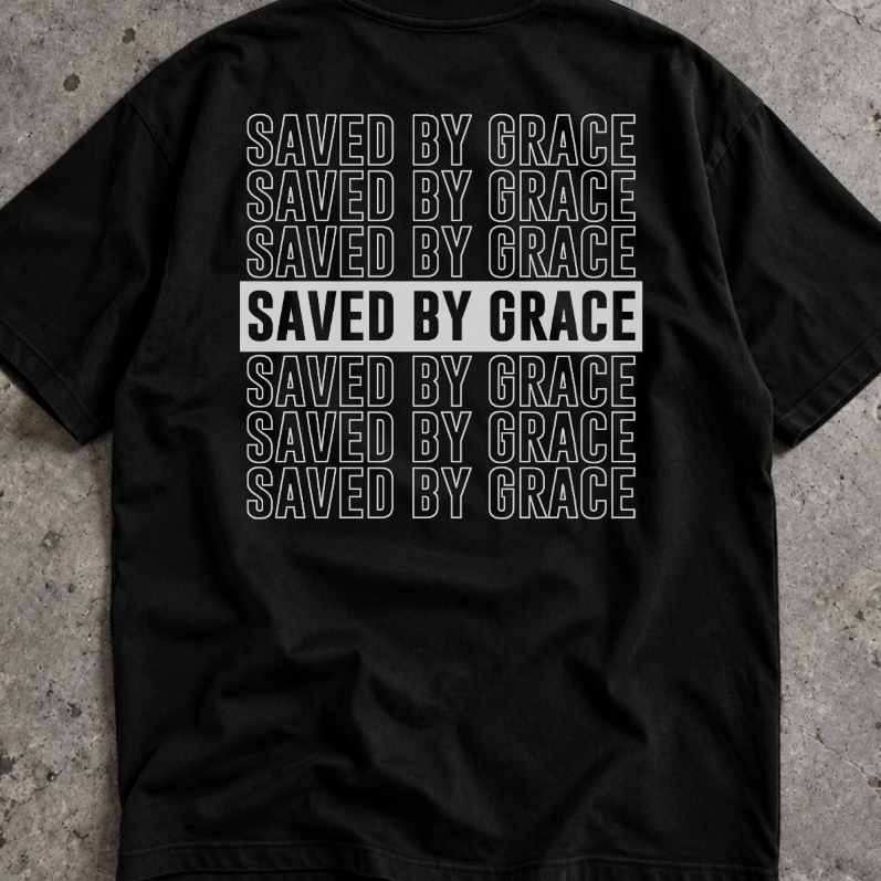 Camisa Masculina Oversized Streetwear Salvo Pela Graça Estampa nas Costas Algodão Camiseta Gospel Religiosa