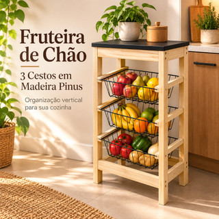 Fruteira de Chão Madeira Pinus 3 Cestos Metálicos Aramados Organizador de Cozinha Multiuso