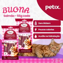 Kit 2 Petiscos Sachês Buona Petix Salmão Creamy Treats Para Gatos 4 Sachês 56g