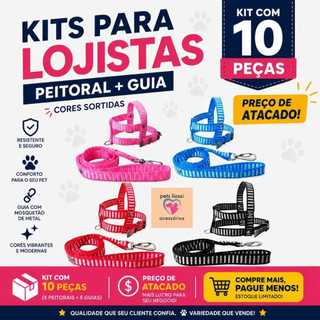 KIT 10 e 5 PEÇAS COLEIRA PEITORAL + GUIA CÃES CACHORRO PORTE PEQUENO E GATOS DIRETO DE FABRICA PARA LOJA