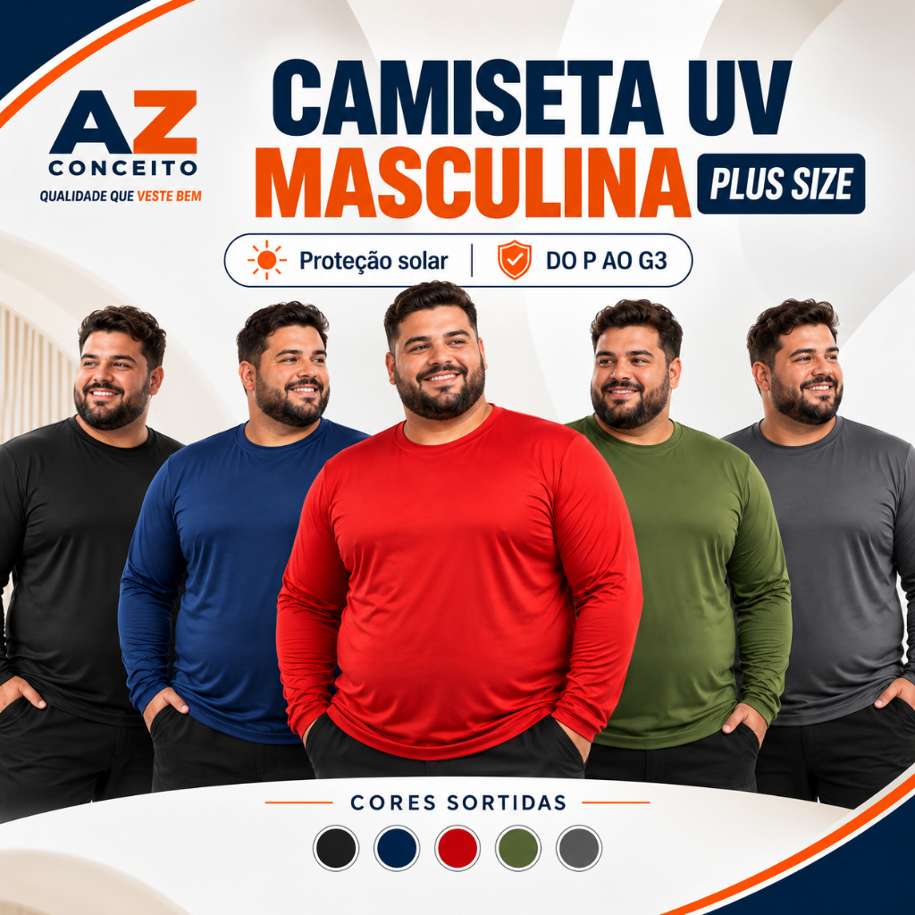 Kit 5 Camisetas Uv Plus Size Masculina Praia Verão Todas as Cores