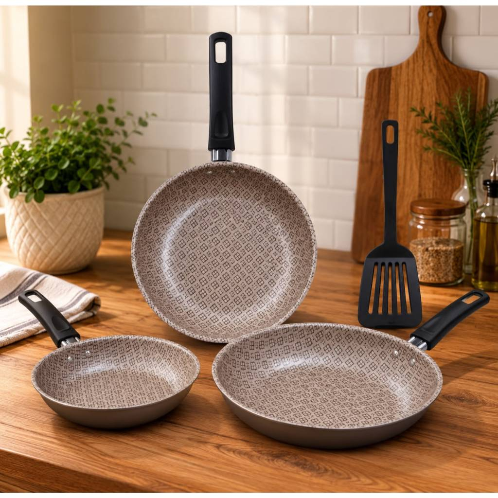 Imagem Kit 3 Frigideira Antiaderente Premium Granito Branca 14cm + 18cm + 22cm + Espátula