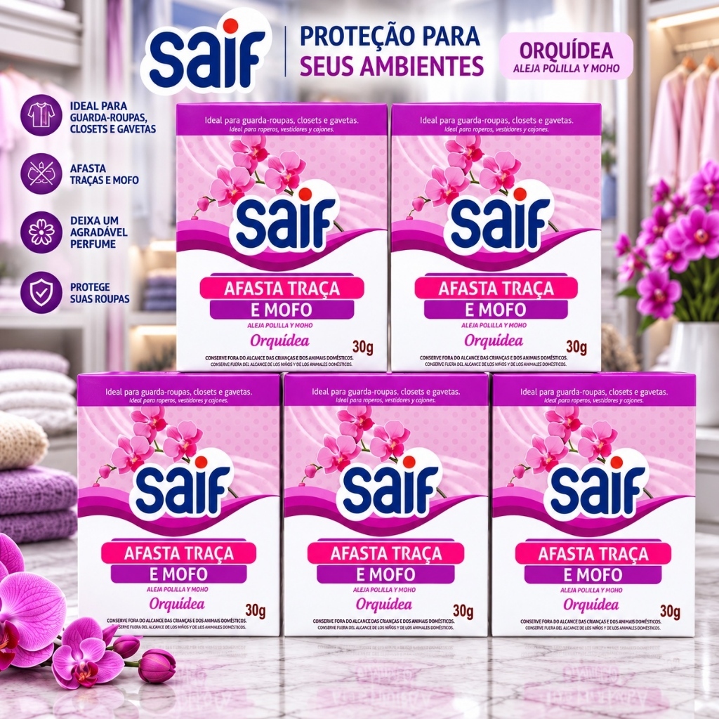 Afasta Traça e Mofo Saif Orquídea 30g Sachê Antitraça Antimofo Perfumado Guarda-Roupa
