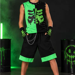 Fantasia Infantil Halloween pra Menino Estiloso Roupa Caveira Verde e Preta Curta de Luxo Com Luvas Meio Dedo