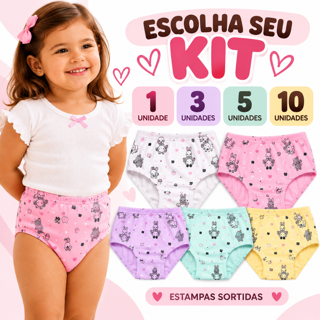 Kit Calcinha Infantil Menina Algodão Estampada Confortável 1 3 5 ou 10 Peças