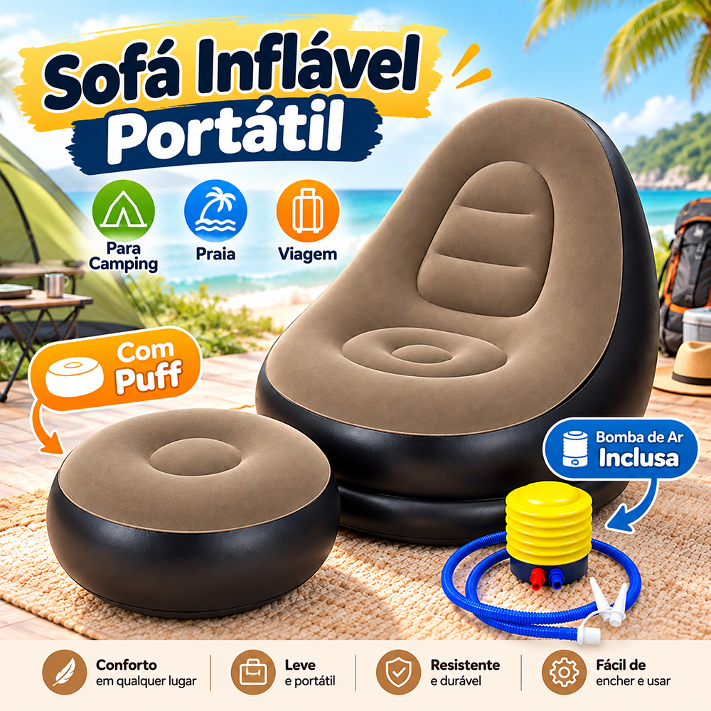 Sofá Inflável Portátil para Camping, Praia e Viagem - Poltrona com Puff e Bomba de Ar