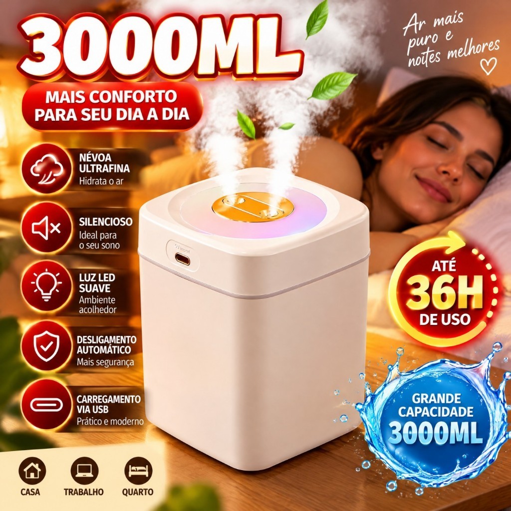Umidificador De Ar Grande 3000ML Saída Dupla Luzes LED's Coloridas Silencioso Aromatizador 3Litros