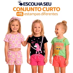 Escolha Seu Conjunto Infantil De Menina Verão Estilosa Calor Blusa Manga Curta E Shorts Em Algodão Tamanhos 2 a 10 L04