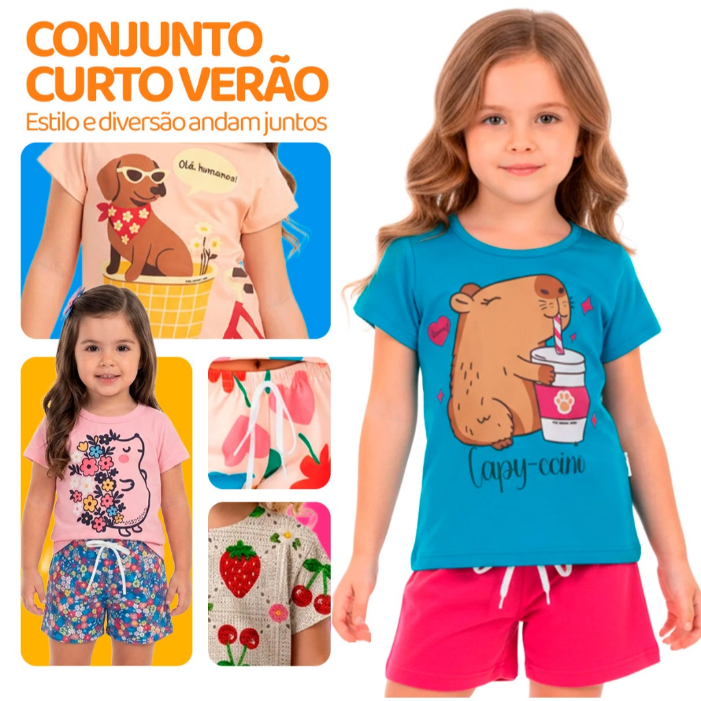 Escolha Seu Conjunto Infantil de Menina Feminino Verão Manga Curta Roupa para Menina em Algodão Tamanhos 2 Ao 10 L03 · foto 2