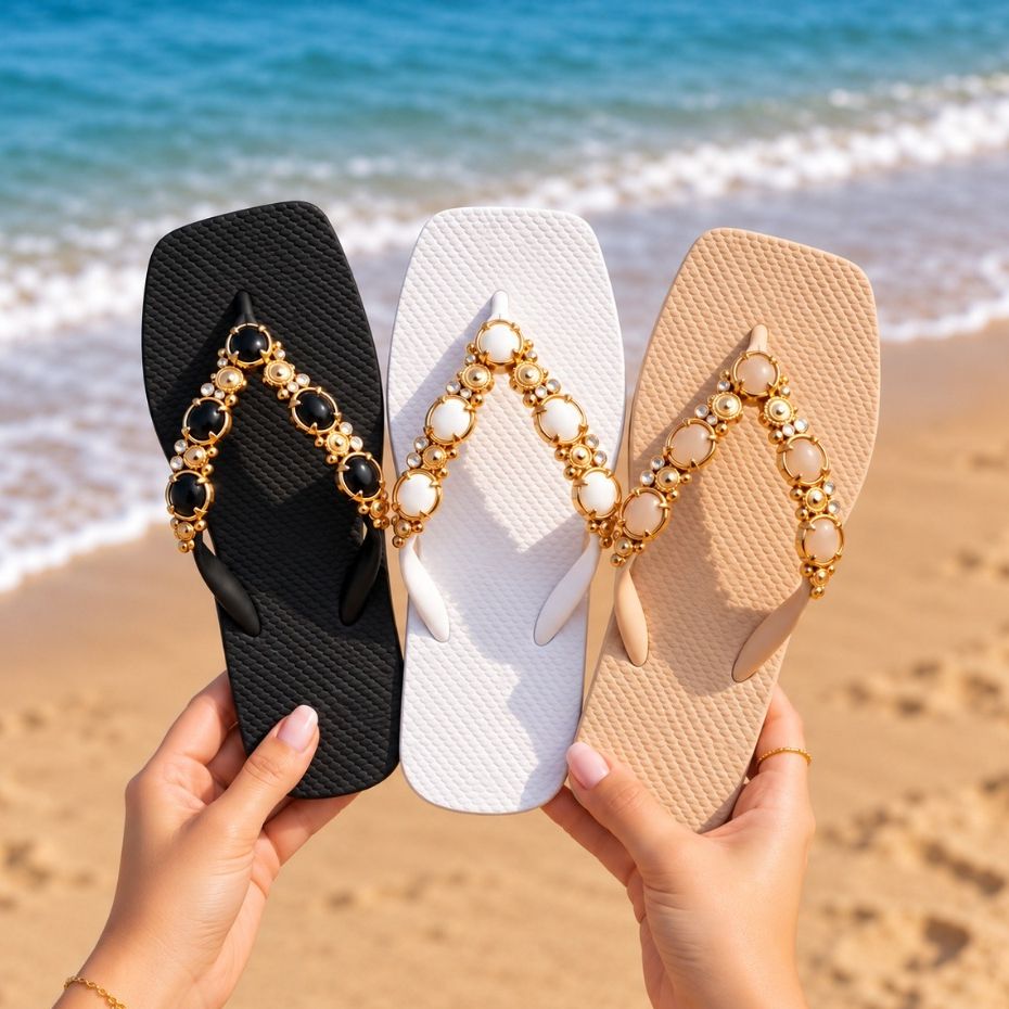 Chinelo Feminino Pedrarias Luxo Macio Confortável Antiderrapante Praia Piscina Verão Chique Natal Ano Novo Presente
