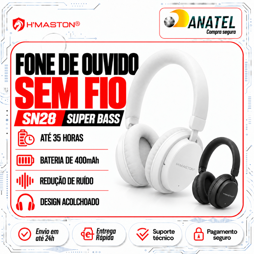 Fone de Ouvido Sem Fio Bluetooth Headphone Sem Fio Cancelamento Ruído Ativo Resistente Suor Poeira H'maston SN28