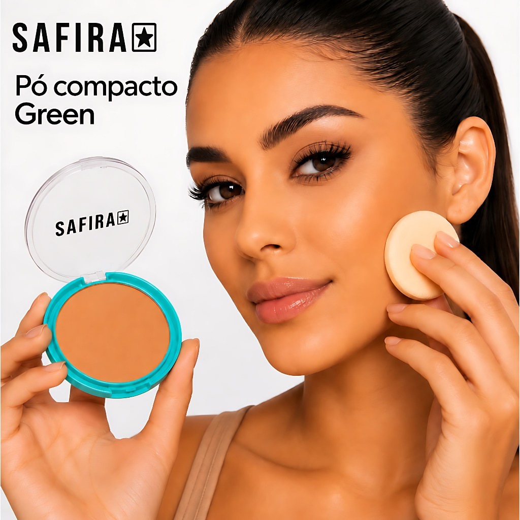 Pó Compacto Facial Safira Green 10g – Cobertura Completa – Tons Claros, Tons Médios e Tons Escuros