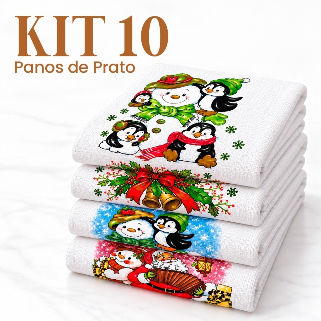 Kit 10 Panos de Prato Copa Estampado Natalino 100% algodão com uma Ótima Absorção Natal