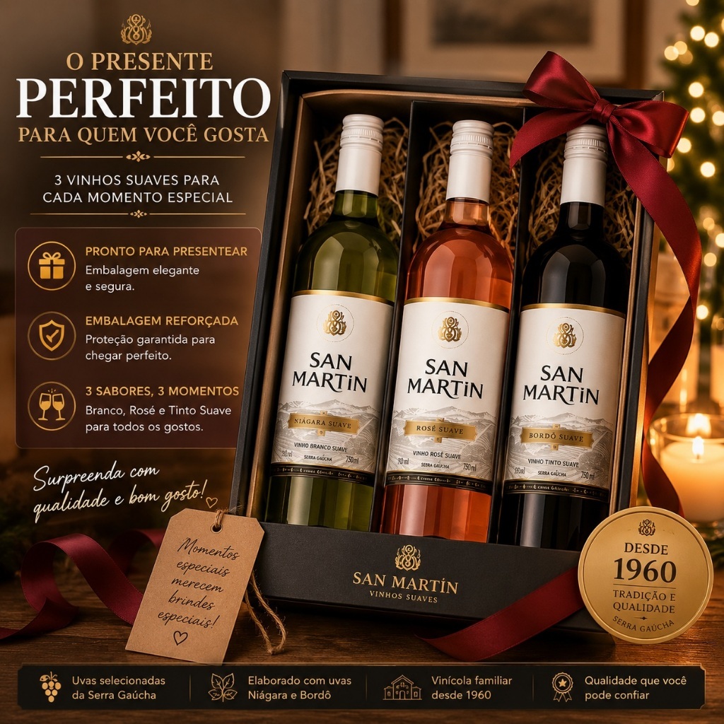 Kit Vinhos San Martin Branco Rosé Tinto Suave 3x750ml + 250 ml tinto bordo suave brinde Presente