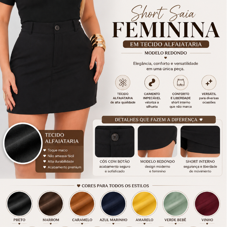 Short Saia Botão Forrado, zíper frontal, passantes para cinto, tecido Alfaiataria Premium, caimento impecável. Versátil,