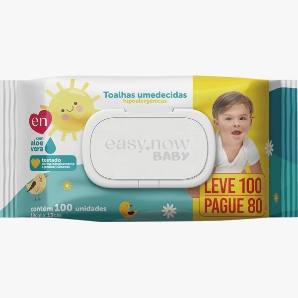 Toalha Umedecida para Bebê 1 Pacote de 100 Folhas com Tampa Flip Top Easy Now Baby