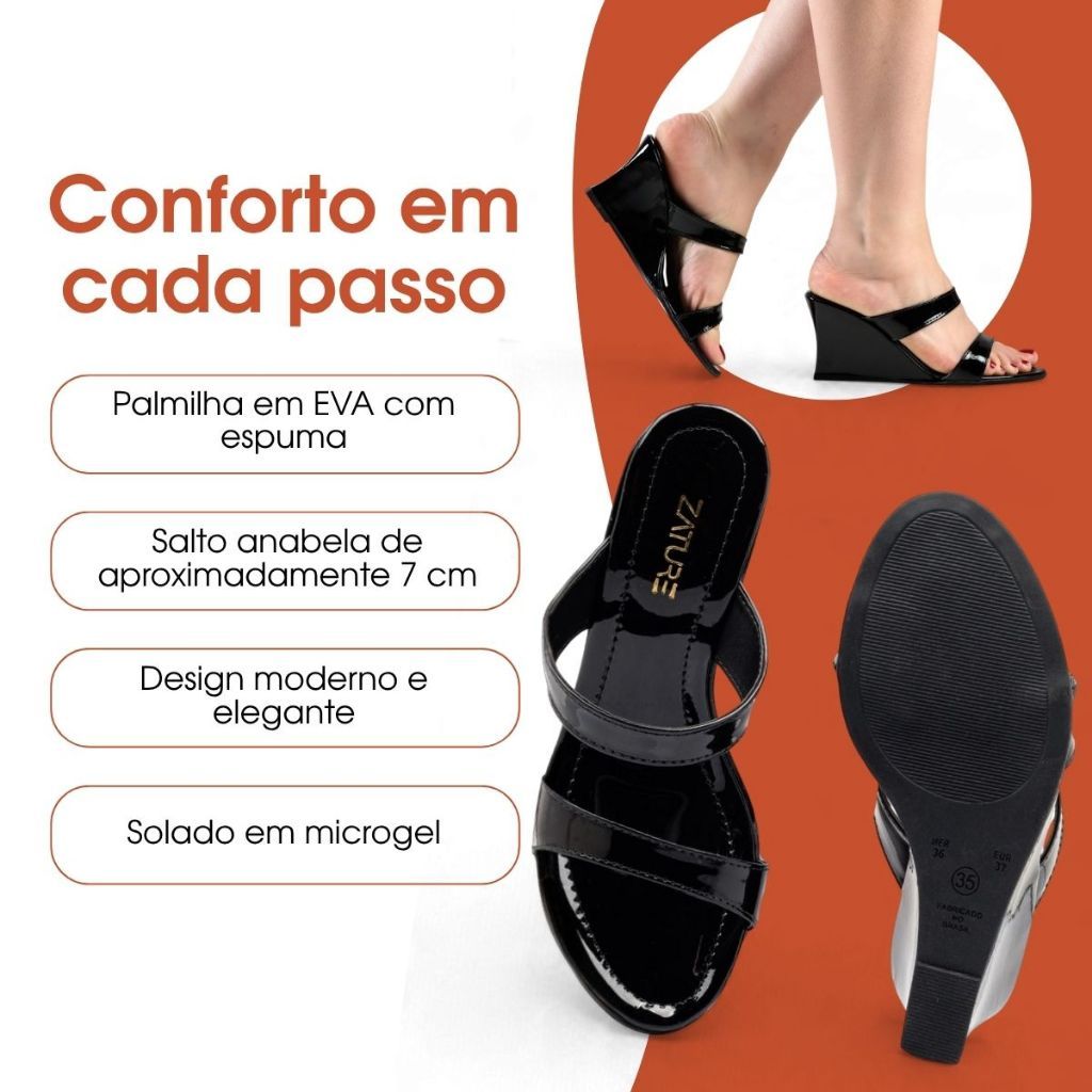 Sandália Feminina Anabela Zature Salto Médio 7cm Verniz Tiras Plataforma Confortável Casual Dia A Dia Mulher Elegante — imagem 2 de 2
