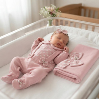 Saída de Maternidade Para de Bebê Menina Manu Rosê/Vermelha/Rosa/Pink/Marsala com Manta - Tamanho P