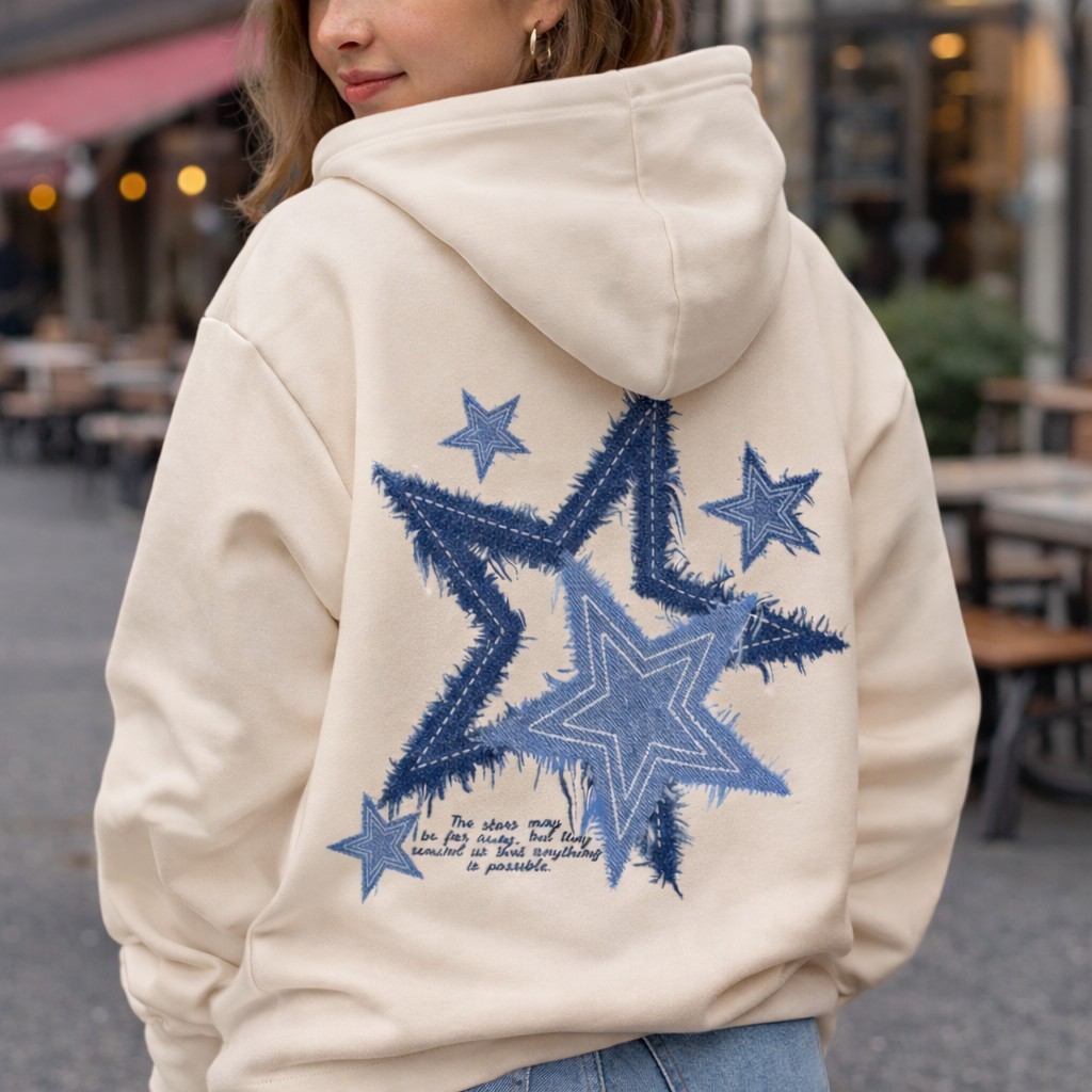Moletom Canguru Feminino Estampa Estrela Estilo Jeans - Streetwear Casual Confortável - Flanelado Envio Rápido