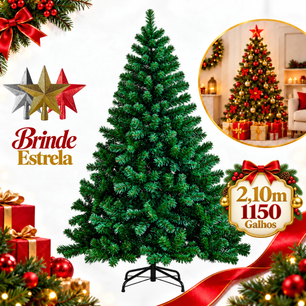 Árvore de Natal Pinheiro 2,10m 1150 Galhos Cheia Verde Luxo Tradicional