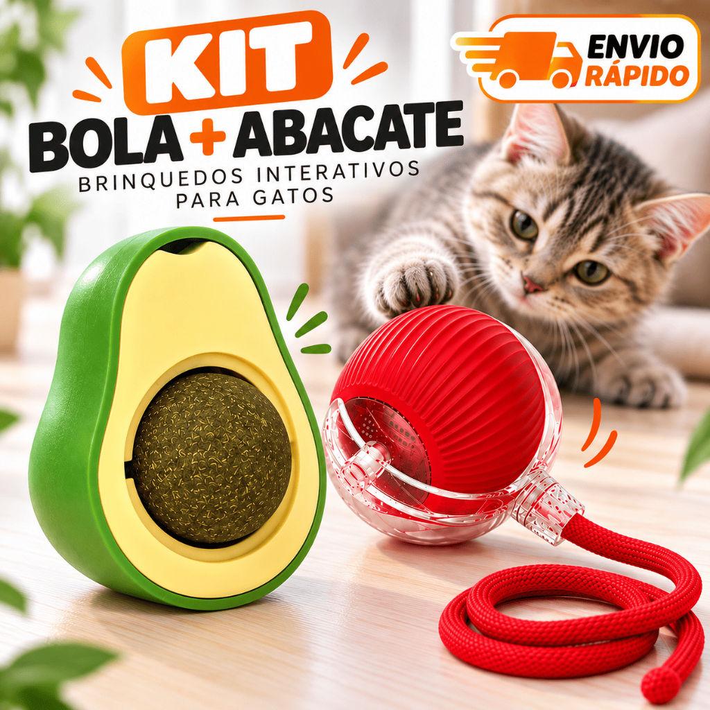 Kit Brinquedos Interativos para Gatos Bola Inteligente Automática LED Recarregável USB e Abacate Catnip Erva de Gato