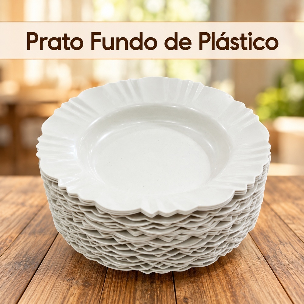Kit Prato Fundo Plástico Branco 22 cm Borda Pétala Reutilizável Jogo de Pratos Sopa Festa Jantar